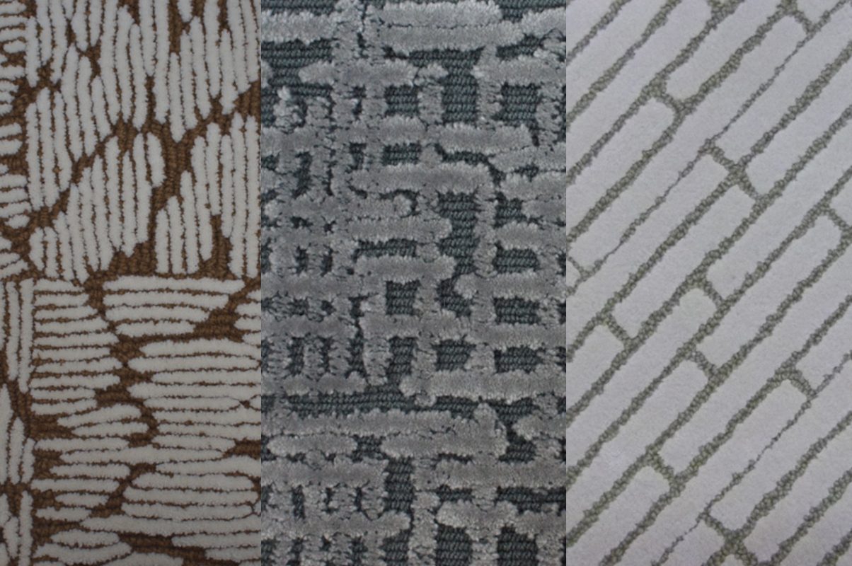 Hand-tufted Wool silk blended carpet with sculpted curved patterns in beige tones using loop and cut pile